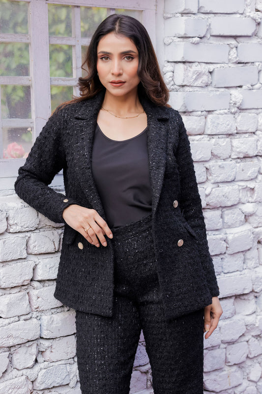 Black tweed pants with gold buttons detailing ESWPA0027-BLKGB
