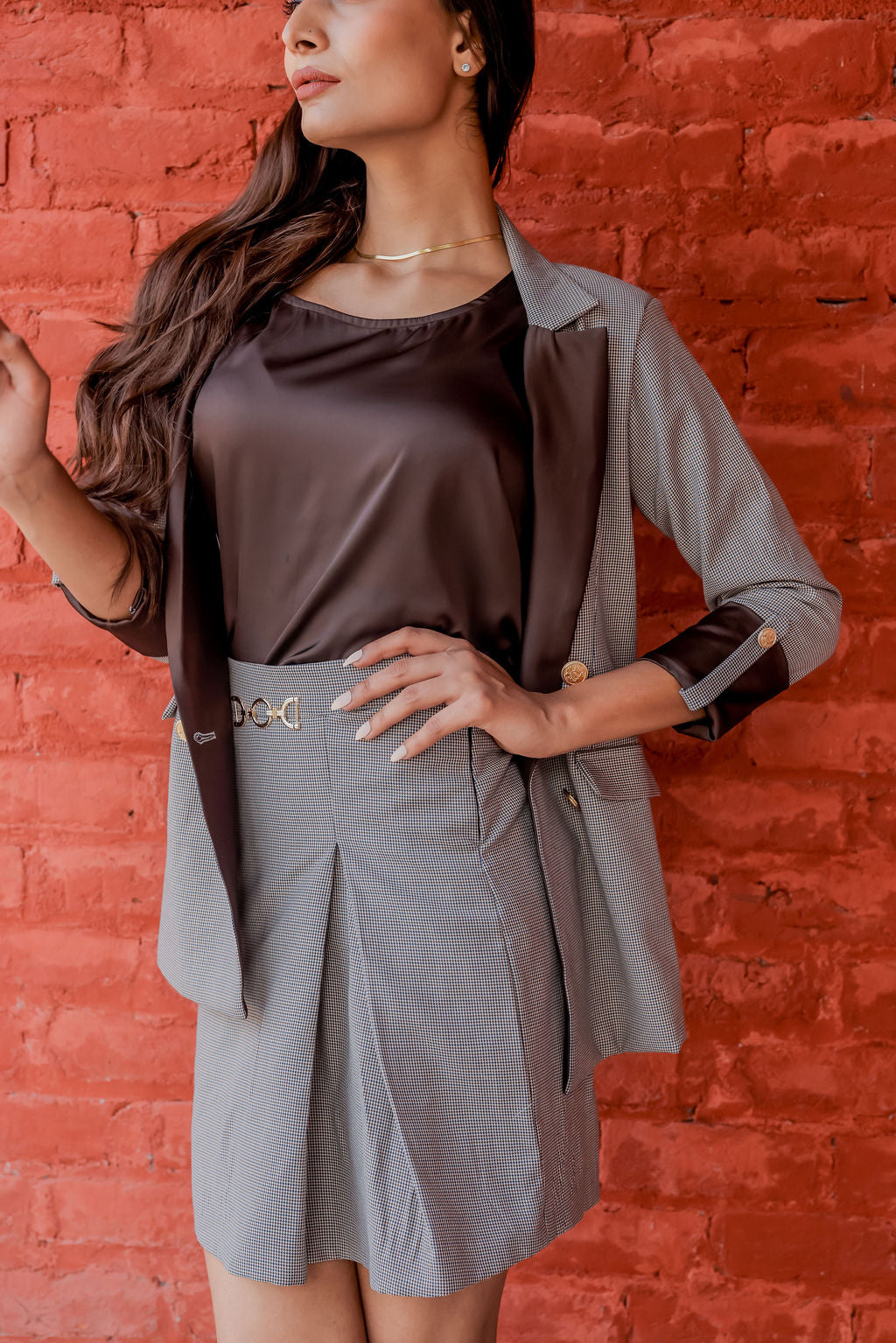 Brown Houndstooth coat & Skirt Co ord set with brown satin detailing and gold buttons EWCO0027-BRNSK