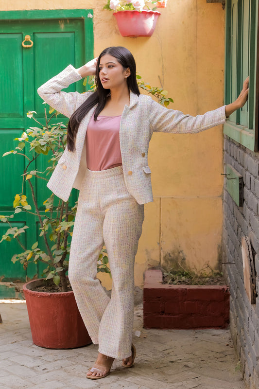 Colourful tweed fabric coat with gold buttons detailing & Pants Co ord set EWCO0042-CLRPT