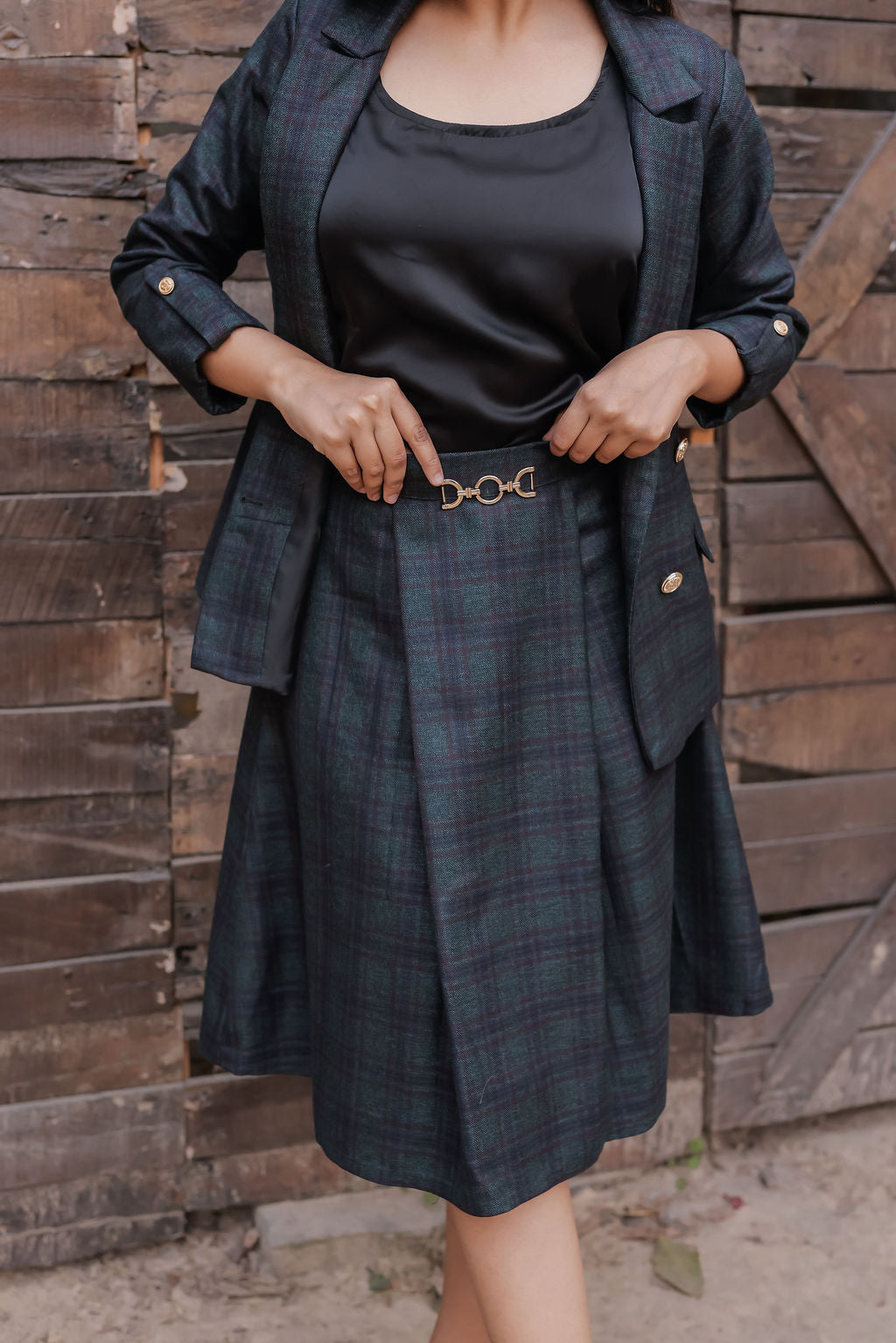 Green & Blue tweed fabric coat with gold buttons detailing & Skirt Co ord set EWCO0037-GRNSK