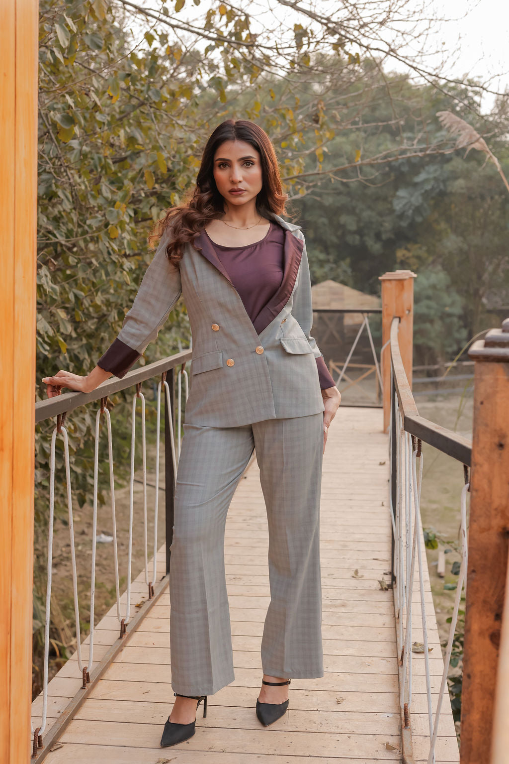 Light greenish grey check coat with wine satin detailing and gold buttons & Pants Co ord set EWCO0040-GRNPT