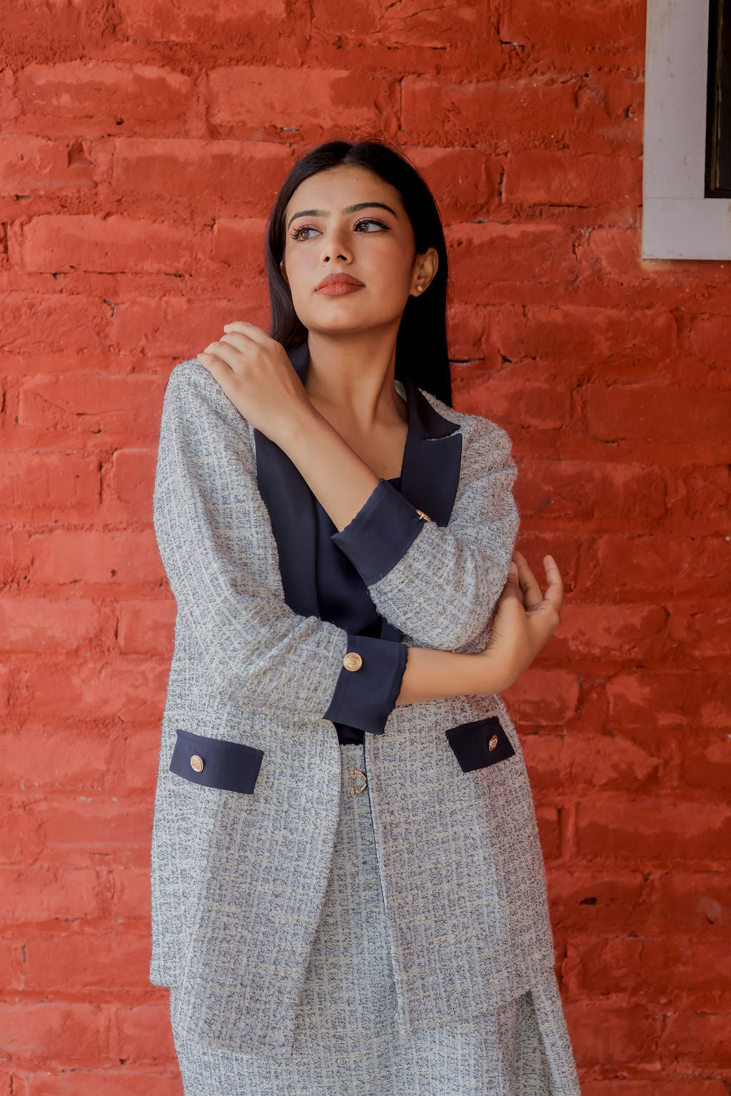 White & Grey Tweed fabric coat & Pants Co ord set with blue satin detailing and gold buttons EWCO0033-WHTPT