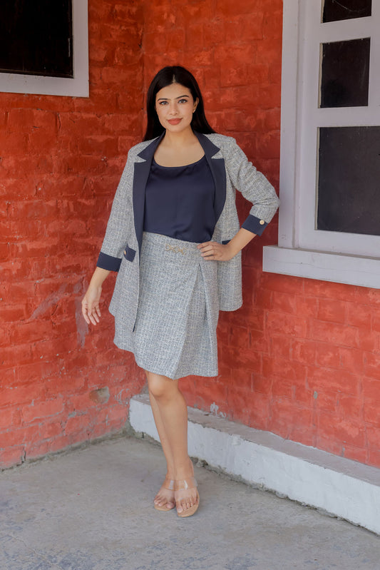 White & Grey Tweed fabric coat & Skirt Co ord set with blue satin detailing and gold buttons EWCO0033-WHTSK