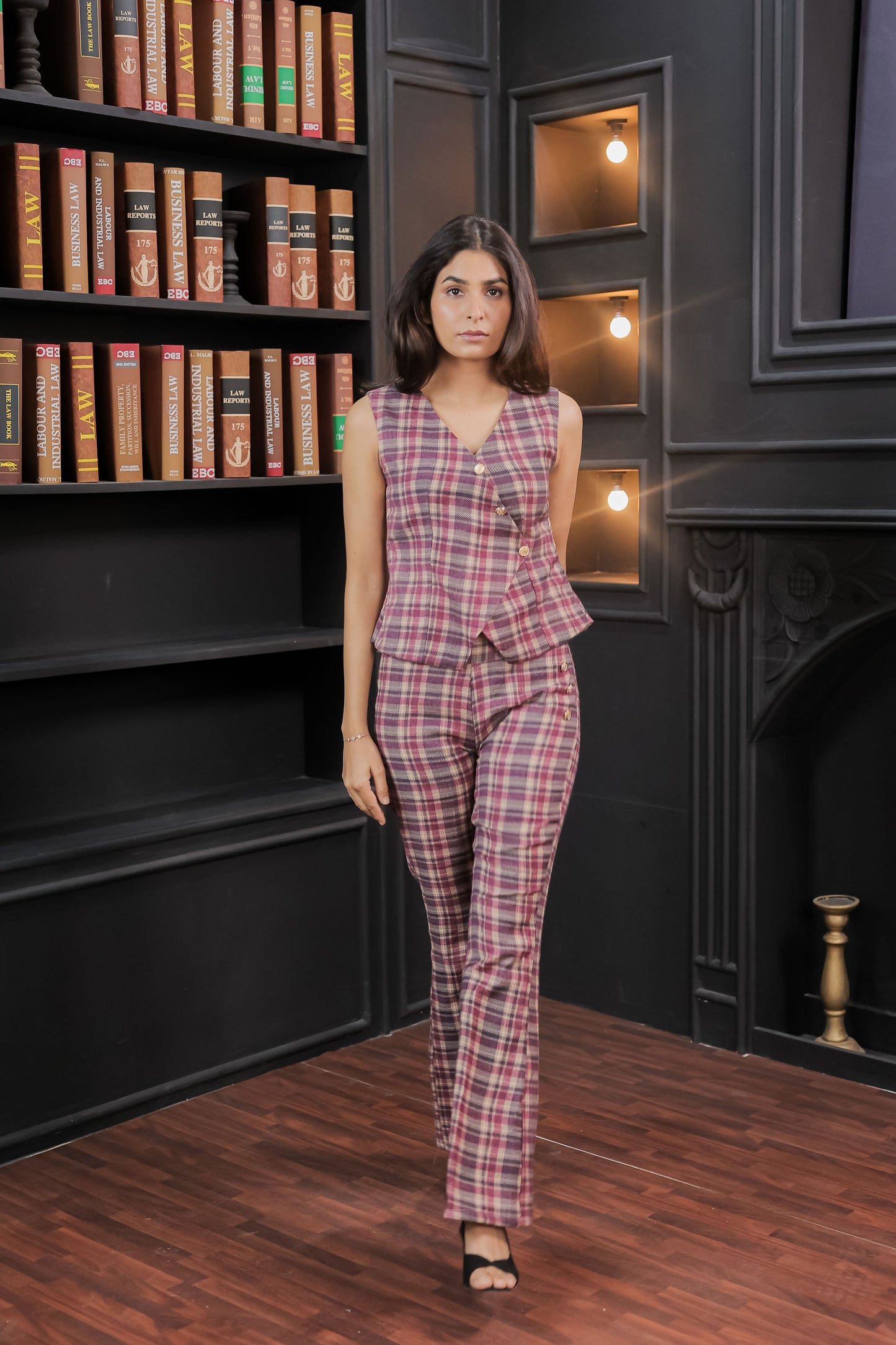 maroon check waistcoat with gold buttons - esseneur.
