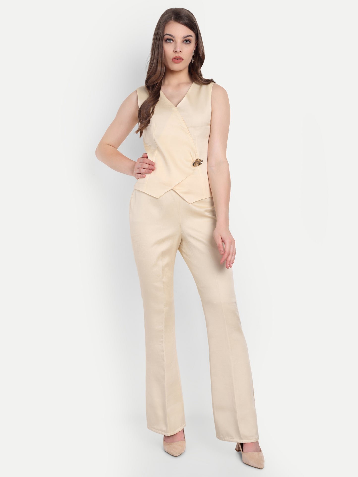 Cream Linen Co ord set with gold APPLIQUE ESWCO0002-CRMGA