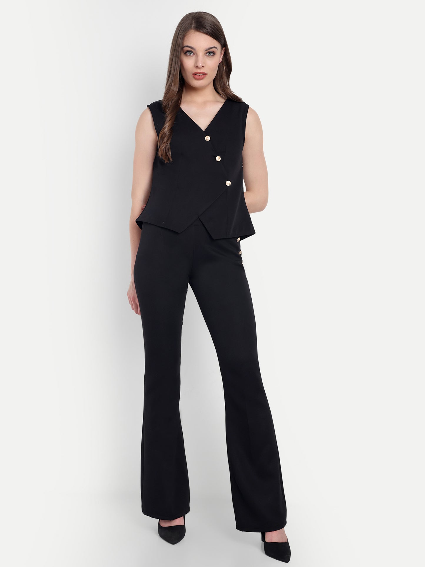 Black crepe waistcoat top with gold buttons detailing EWTP0063-BLKGB