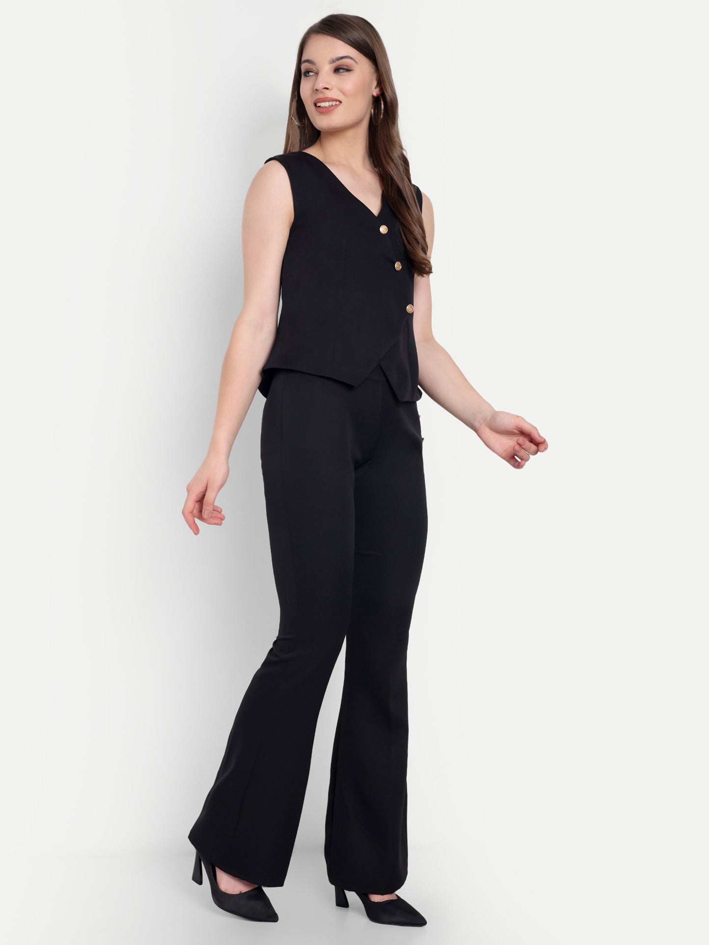 Black crepe waistcoat top with gold buttons detailing EWTP0063-BLKGB