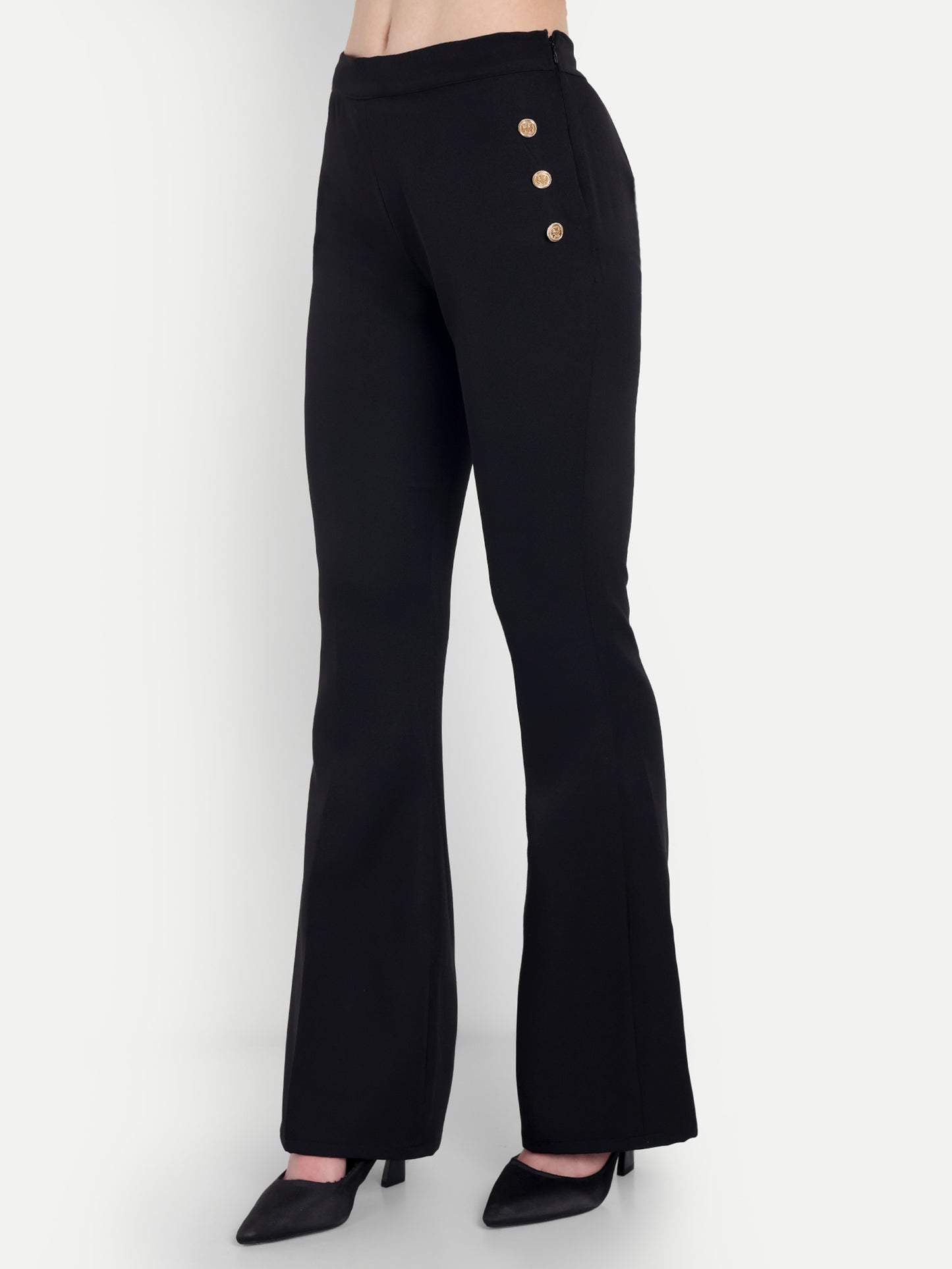 Black crepe waistcoat top with gold buttons detailing EWTP0063-BLKGB