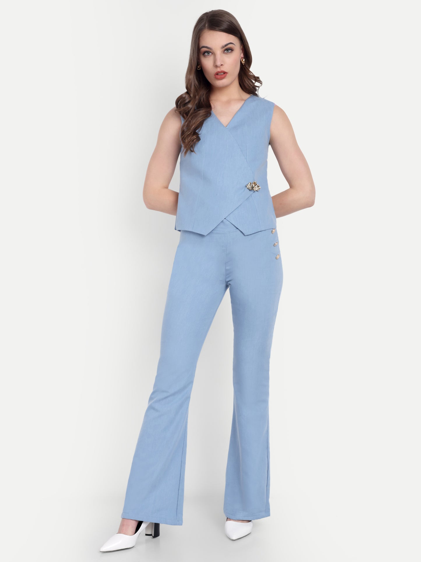 Light denim pants with gold buttons ESWPA0002-DNMGB