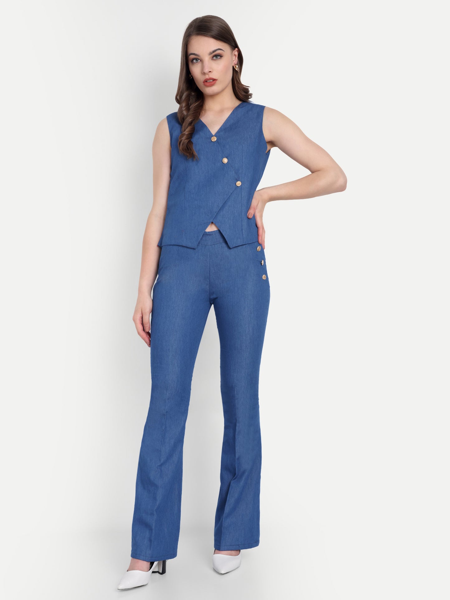 Mid blue denim waiscoat with gold buttons EWTP0076-DNMGB