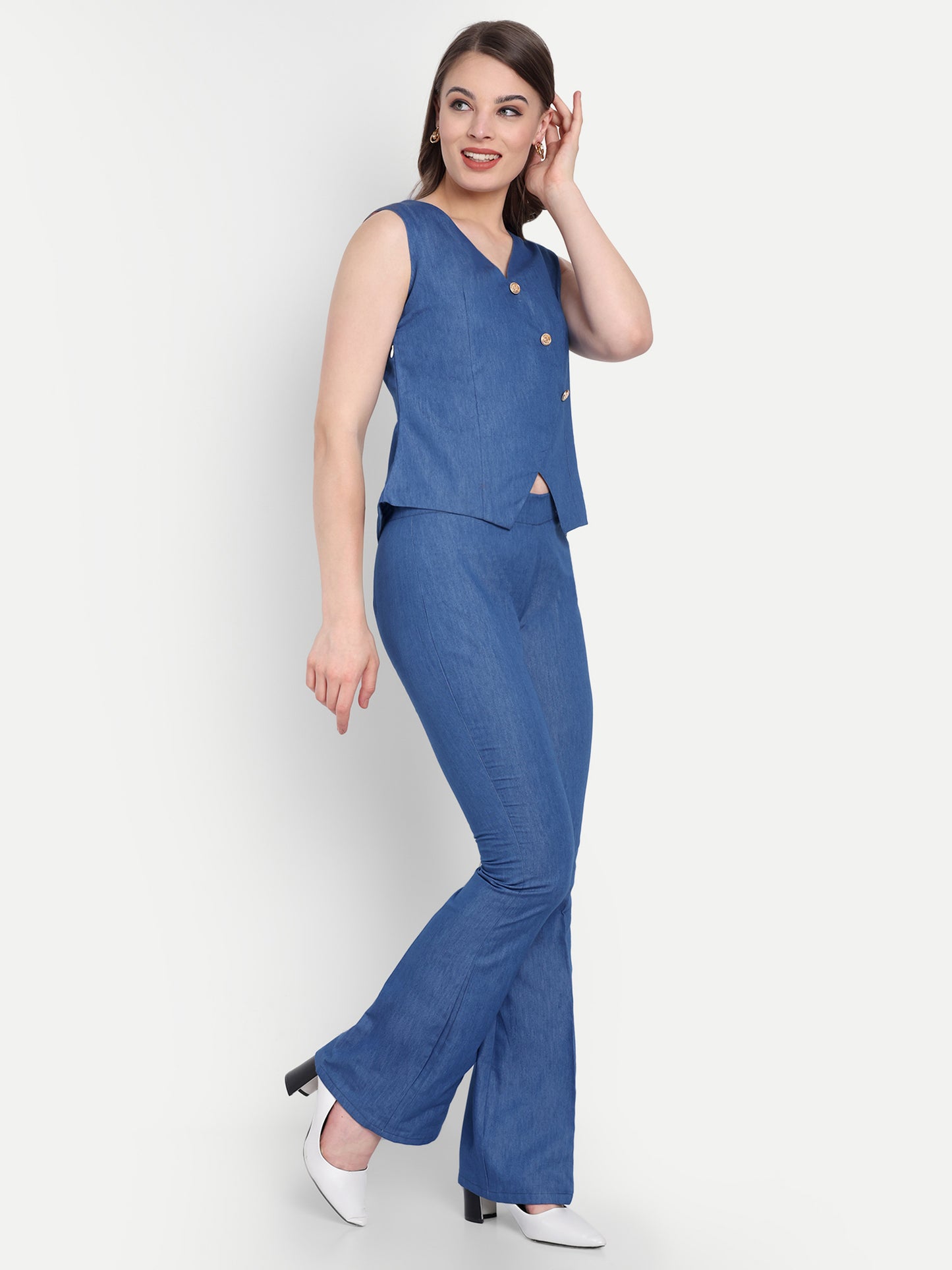 Mid blue denim waiscoat with gold buttons EWTP0076-DNMGB