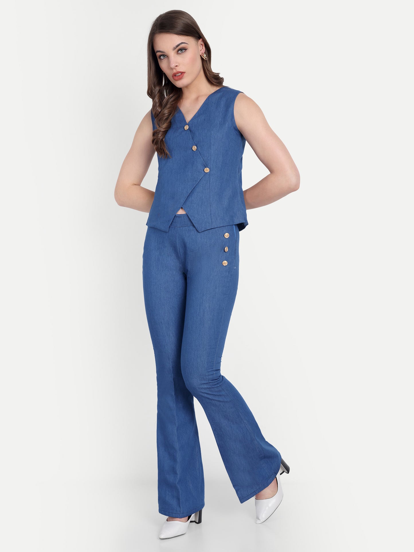 Mid blue denim waiscoat with gold buttons EWTP0076-DNMGB