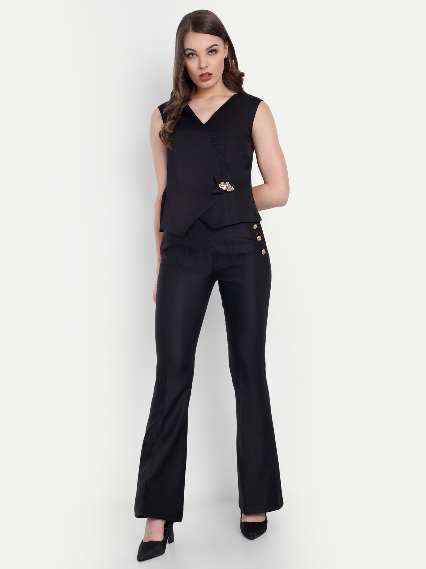 Black linen waist coat with gold applique EWTP0066-BLKGA