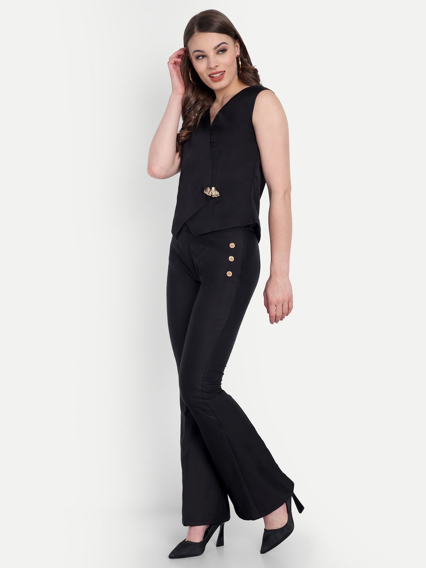 Black linen waist coat with gold applique EWTP0066-BLKGA
