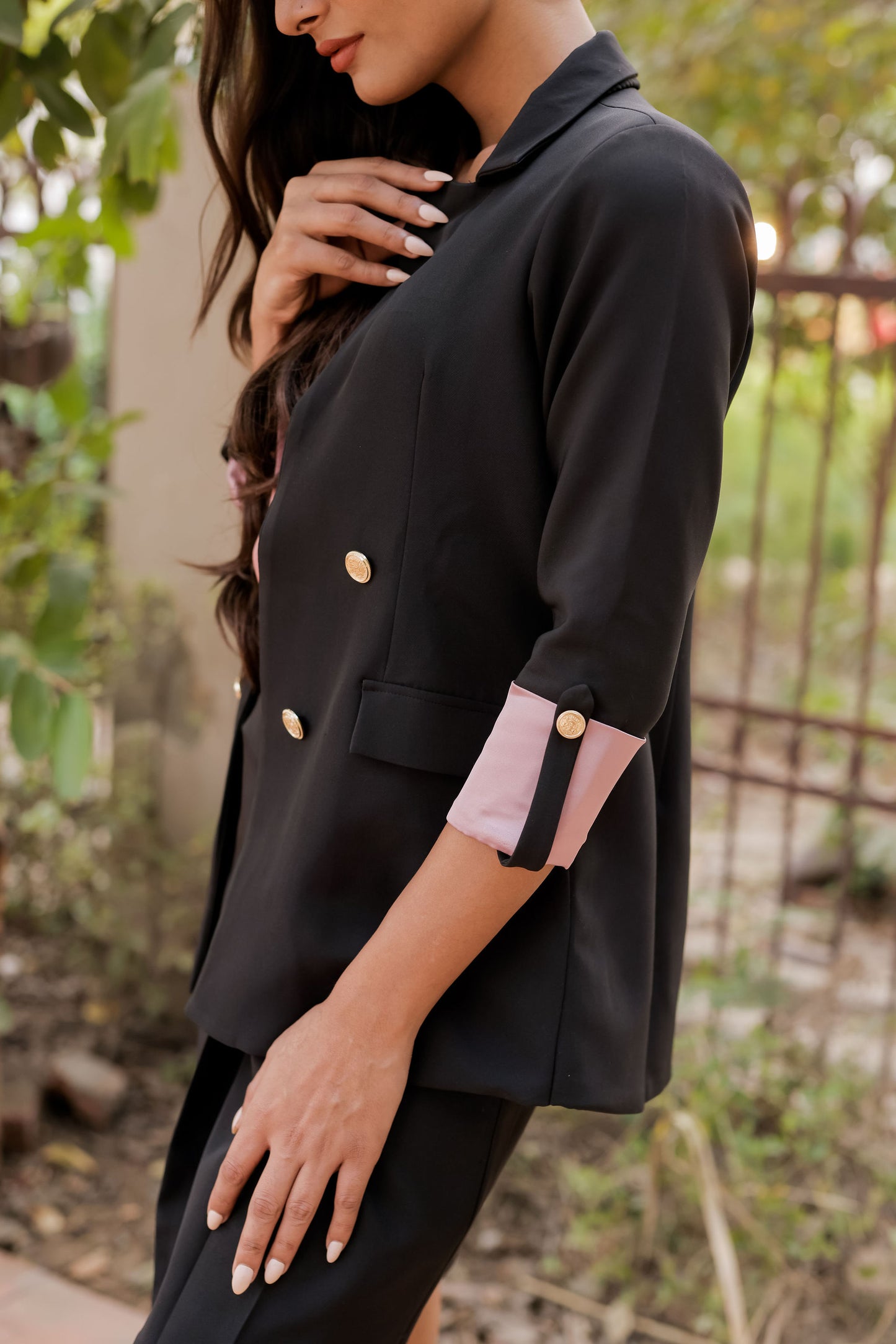 Black Crepe Coat & Pants Co ord set  with Satin Peach Cuff detailing and gold buttons EWCO0029-BLKPT