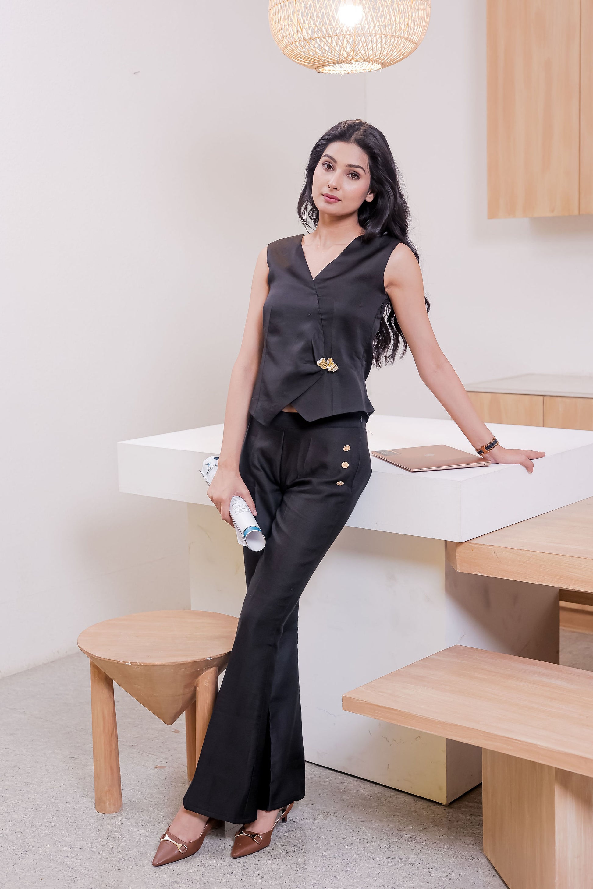 Black linen co ord set with gold applique-Esseneur