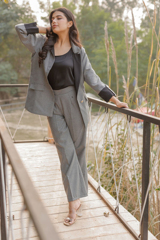 Black and grey houndstooth pants with gold buttons detailing ESWPA0021-BLKGB