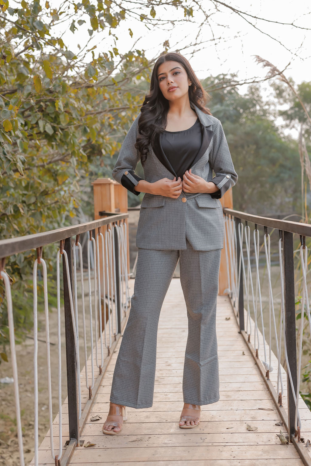 Black and grey woollen houndstooth coat & Pants Co ord set  with black satin detailing and gold buttons EWCO0030-BLKPT
