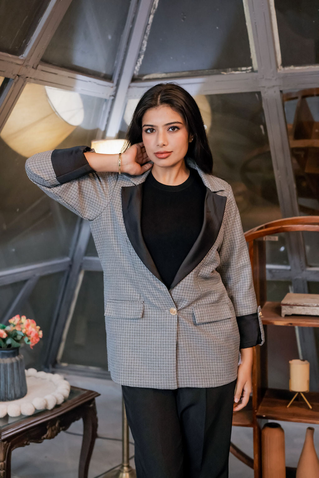 Black and grey woollen houndstooth coat & Pants Co ord set  with black satin detailing and gold buttons EWCO0030-BLKPT