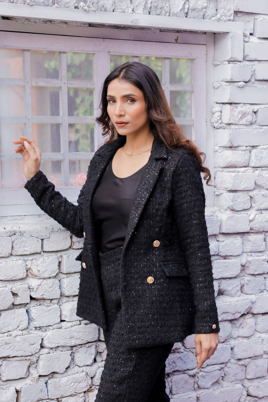 Black tweed fabric coat with gold buttons detailing & Pants Co ord set EWCO0043-BLKPT