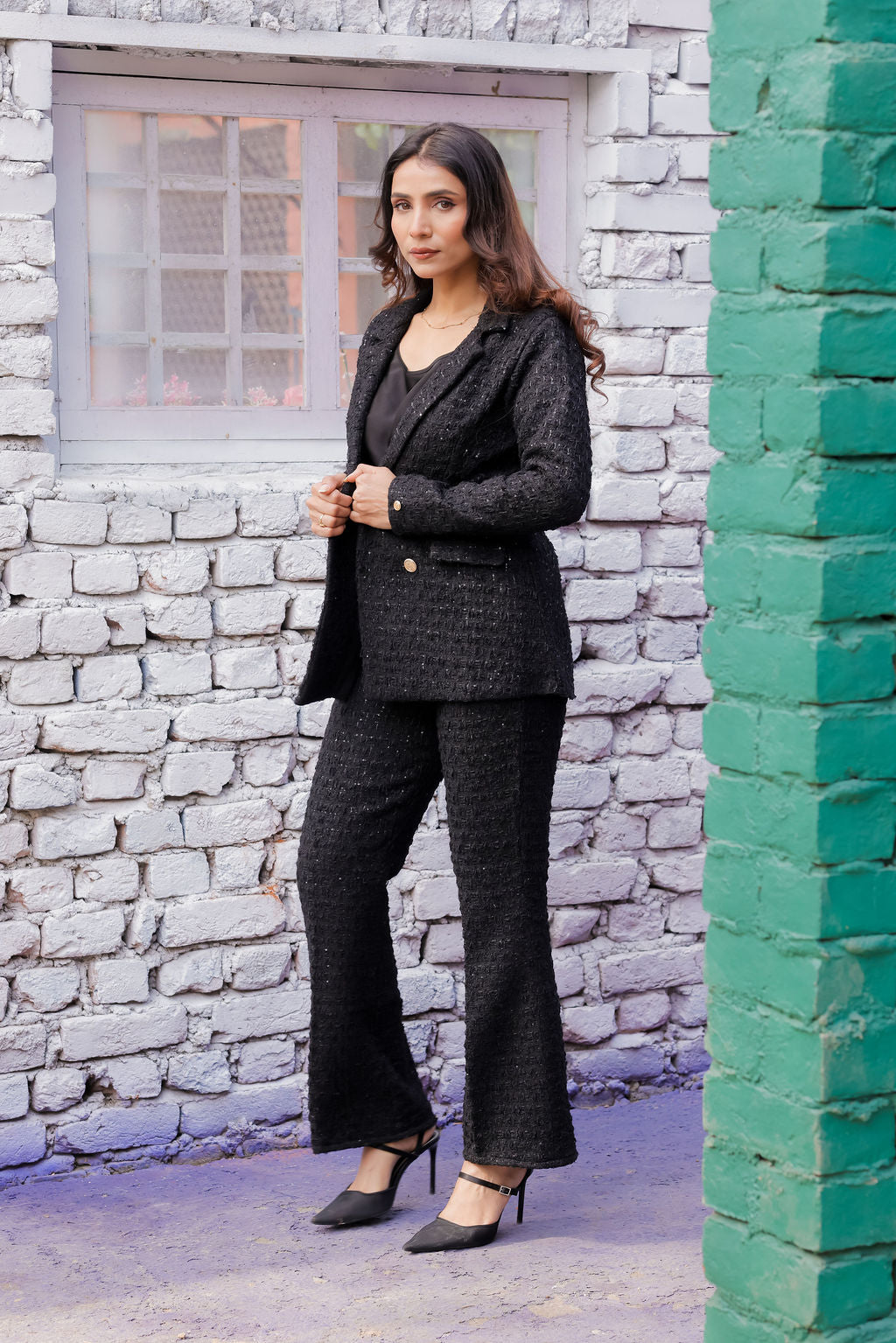 Black tweed fabric coat with gold buttons detailing & Pants Co ord set EWCO0043-BLKPT
