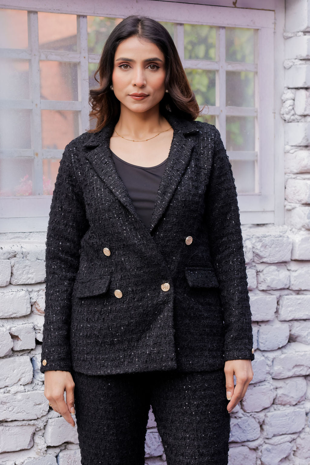 Black tweed fabric coat with gold buttons detailing EWCT0018-BLKGB