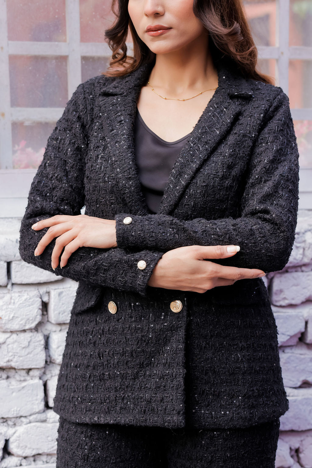 Black tweed fabric coat with gold buttons detailing & Pants Co ord set EWCO0043-BLKPT