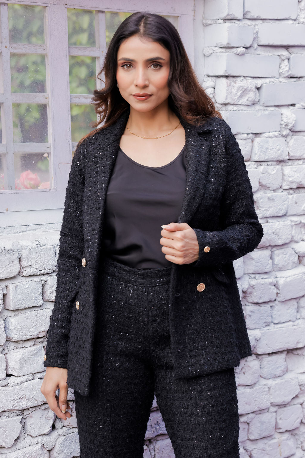 Black tweed pants with gold buttons detailing  ESWPA0027-BLKGB