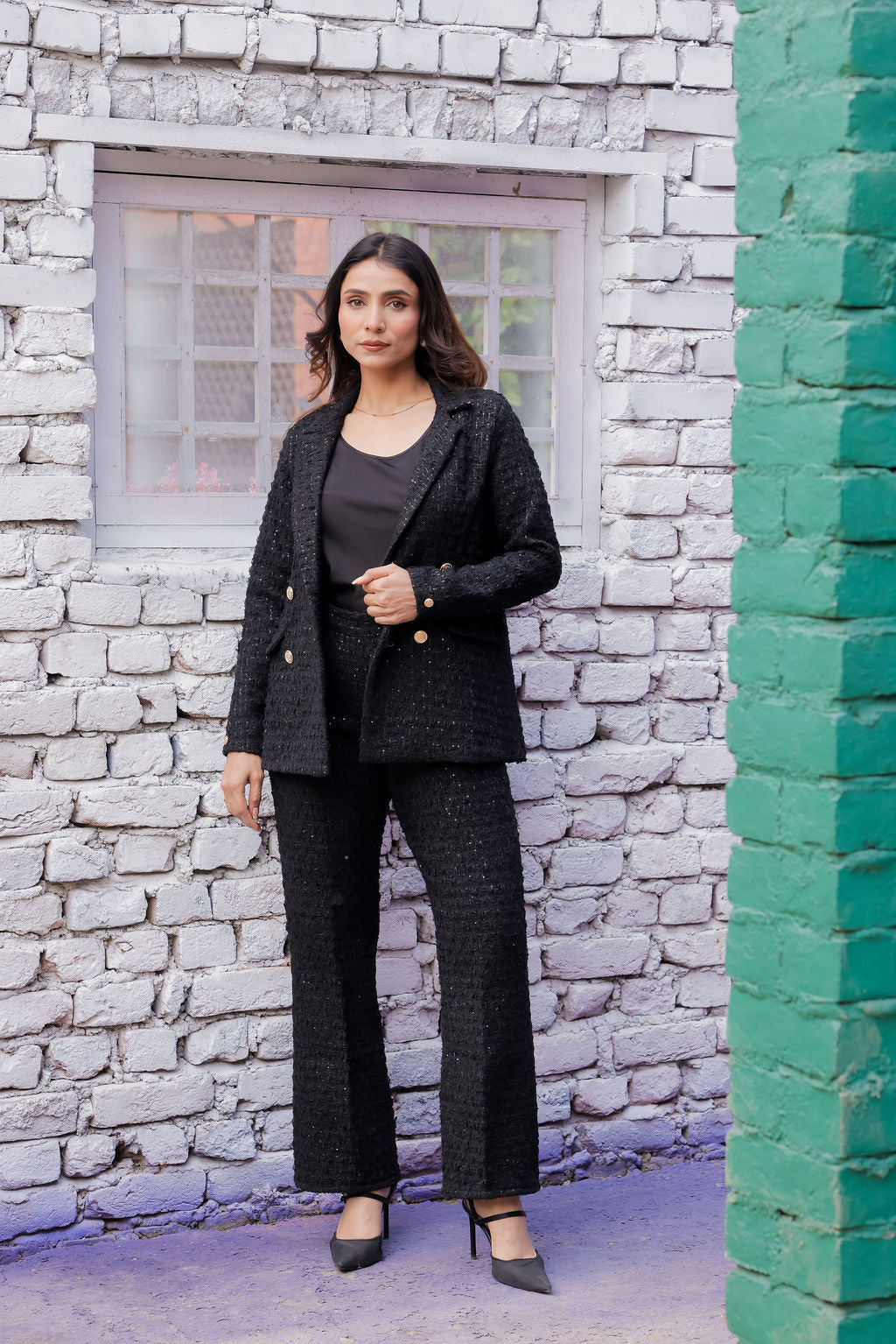 Black tweed pants with gold buttons detailing  ESWPA0027-BLKGB
