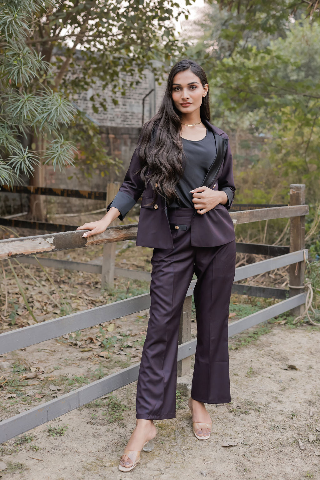 Blue purple check coat with gold buttons detailing EWCT0019-BLUGB