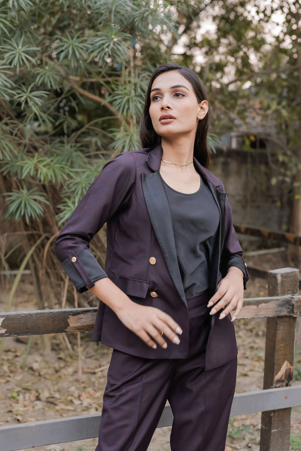 Blue purple check coat with gold buttons detailing EWCT0019-BLUGB