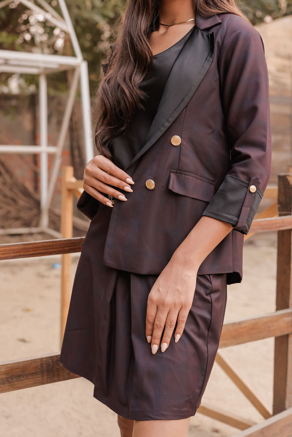 Blue purple check coat with gold buttons detailing EWCT0019-BLUGB