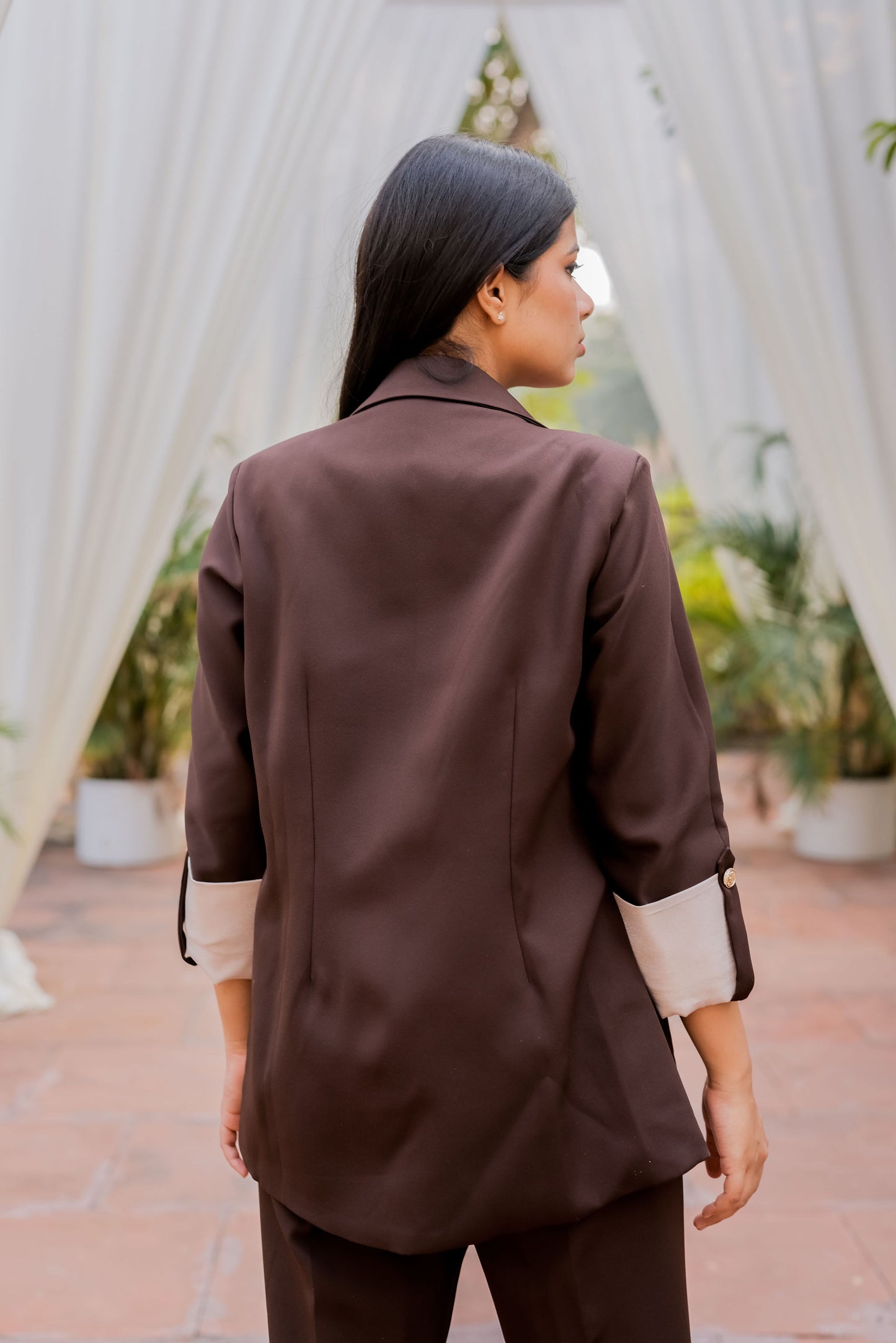 Brown Crepe coat & Pants Co ord set  with Cream Satin Detailing on Cuffs and gold butoons EWCO0028-BRNPT