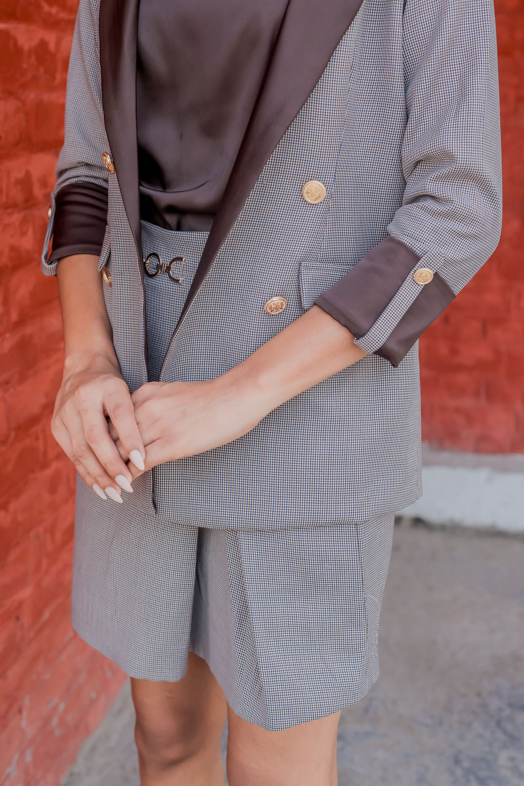 Brown Houndstooth coat with brown satin detailing and gold buttons EWCT0002-BRNGB