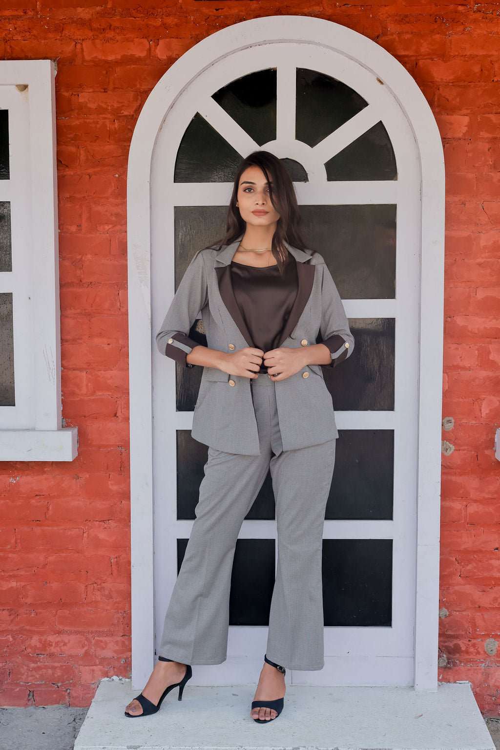 Brown Houndstooth coat & Pants Co ord set  with brown satin detailing and gold buttons EWCO0027-BRNPT
