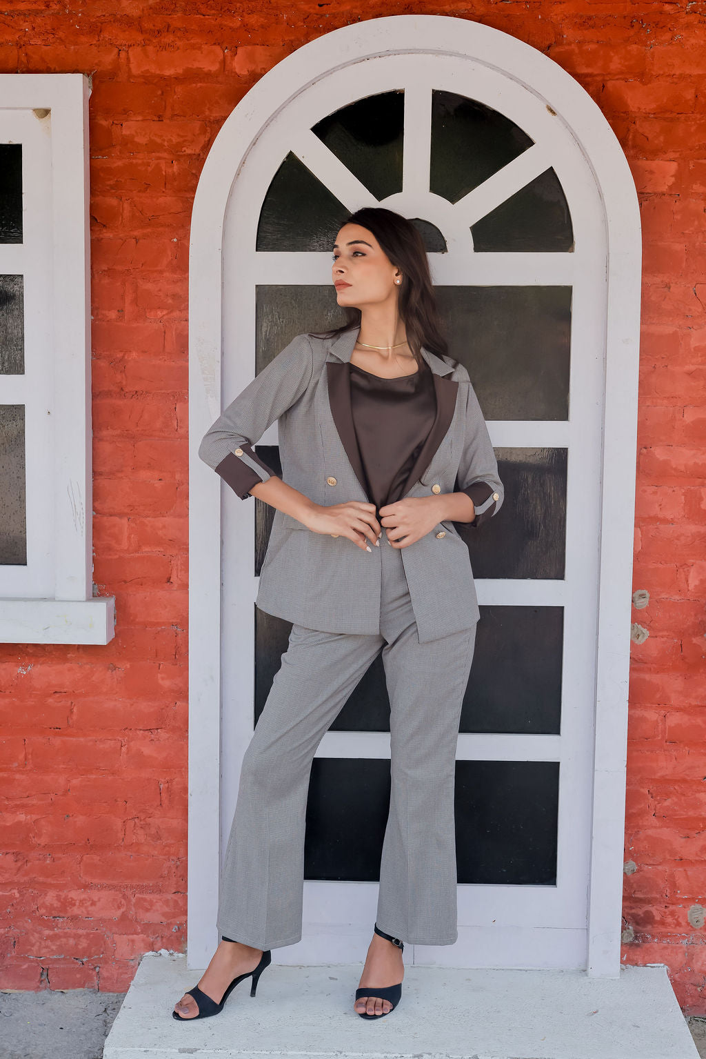 Brown Houndstooth coat with brown satin detailing and gold buttons EWCT0002-BRNGB