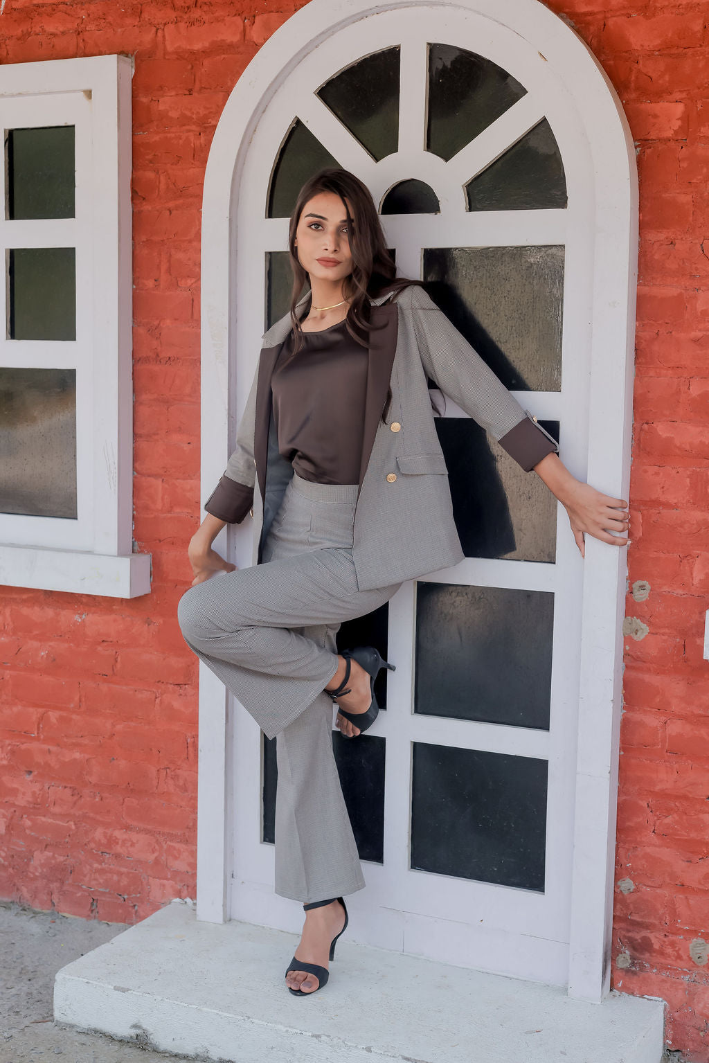 Brown Houndstooth coat & Pants Co ord set  with brown satin detailing and gold buttons EWCO0027-BRNPT
