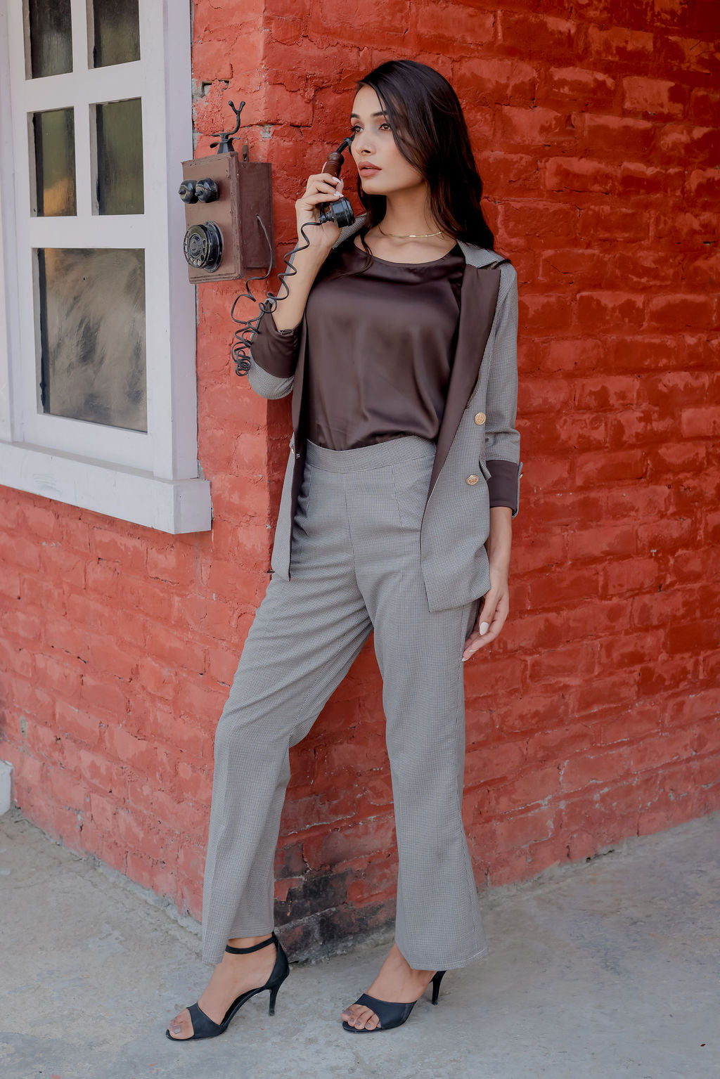 Brown Houndstooth coat with brown satin detailing and gold buttons EWCT0002-BRNGB
