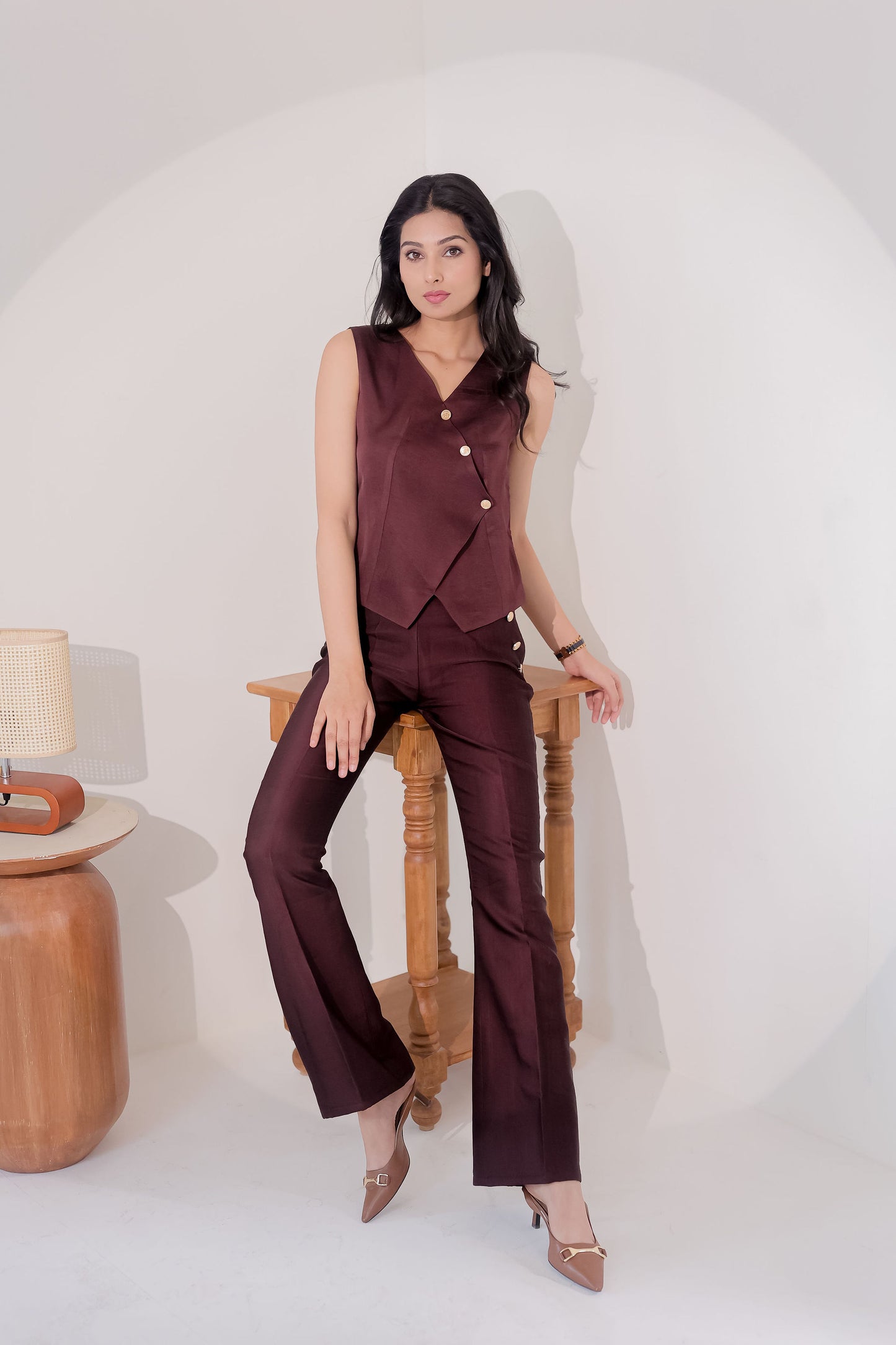 Brown Linen satin waistcoat with gold buttons detailing EWTP0062-BRNGB
