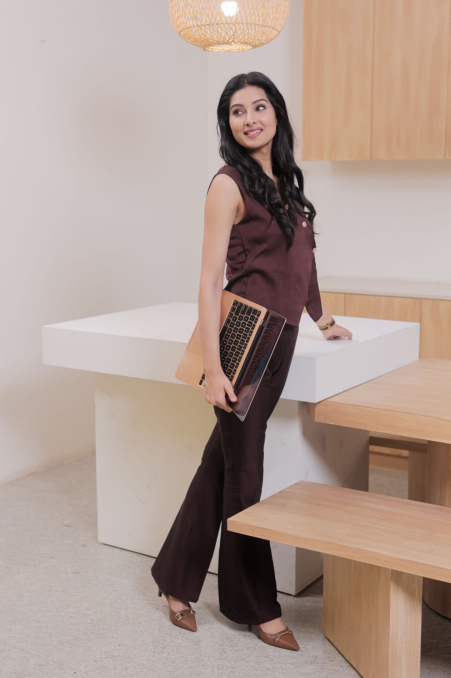 Brown Linen satin waistcoat with gold buttons detailing EWTP0062-BRNGB