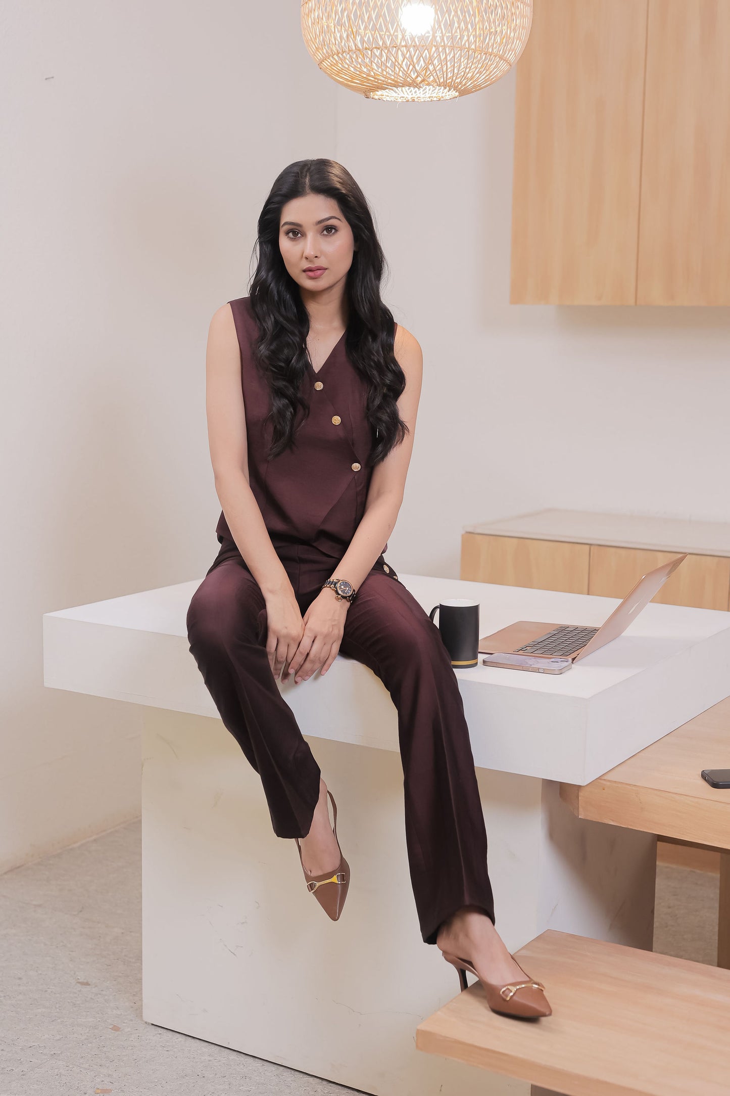 Brown Linen satin waistcoat with gold buttons detailing EWTP0062-BRNGB
