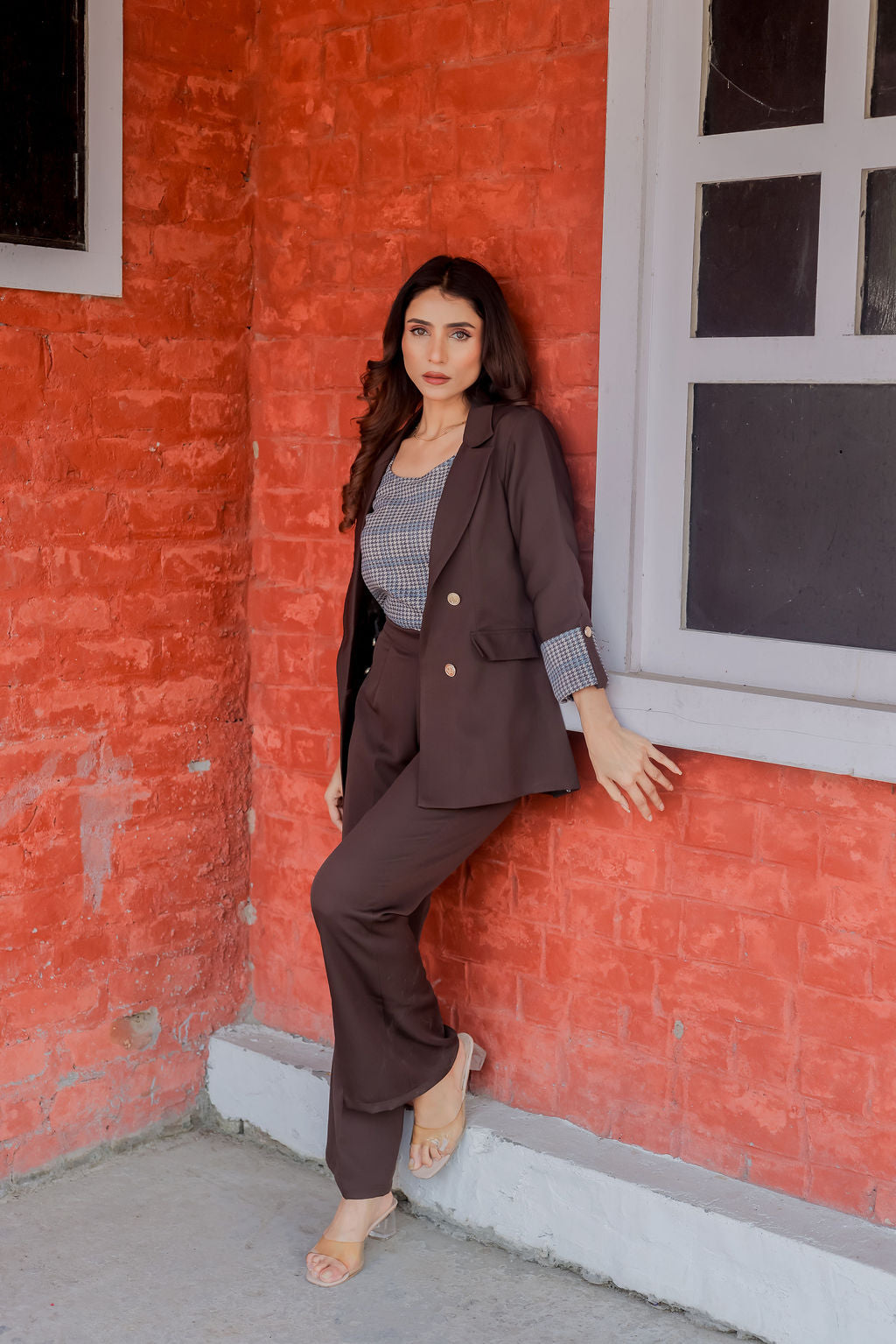 Brown crepe coat with Houndstooth cuff detailing and gold buttons EWCT0006-BRNGB