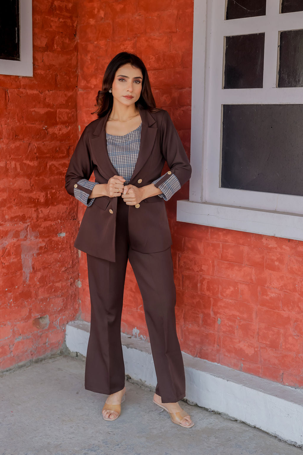 Brown crepe coat with Houndstooth & Pants Co ord set  cuff detailing and gold buttons EWCO0031-BRNPT