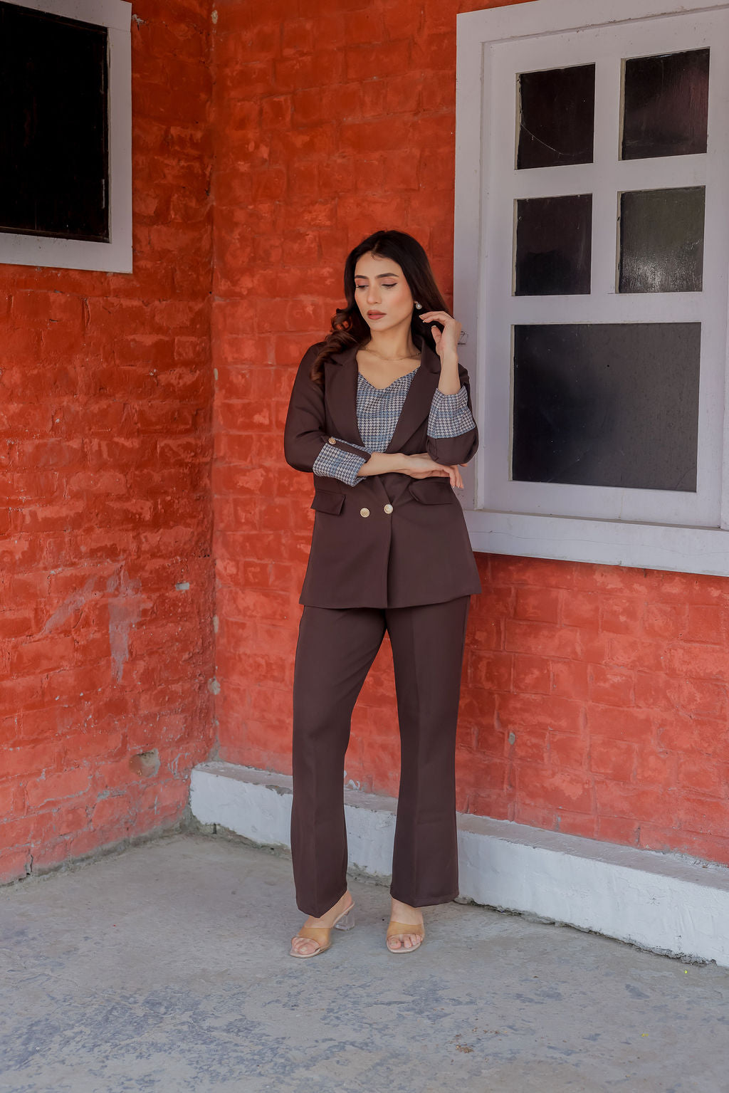 Brown crepe coat with Houndstooth cuff detailing and gold buttons EWCT0006-BRNGB