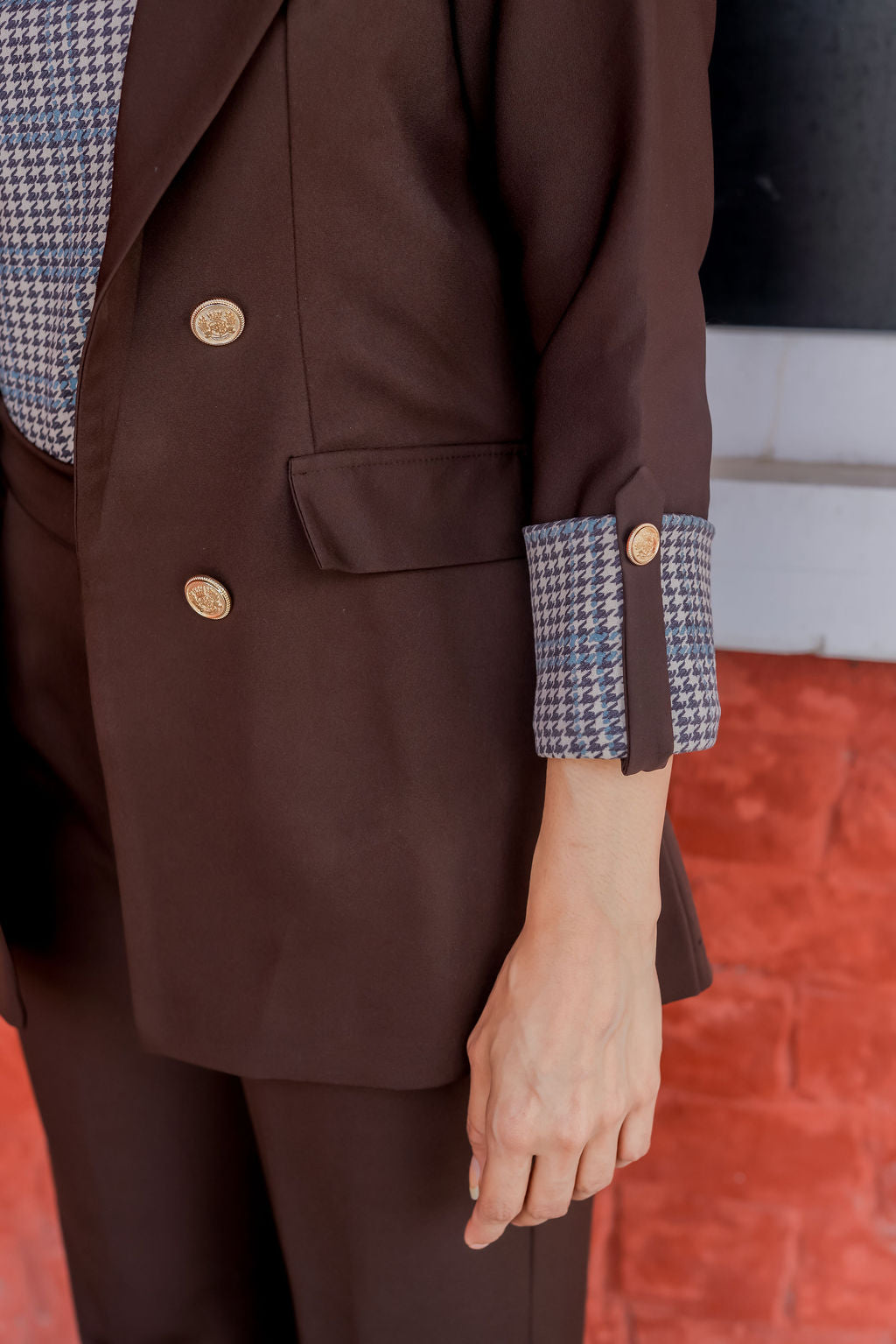 Brown crepe coat with Houndstooth cuff detailing and gold buttons EWCT0006-BRNGB