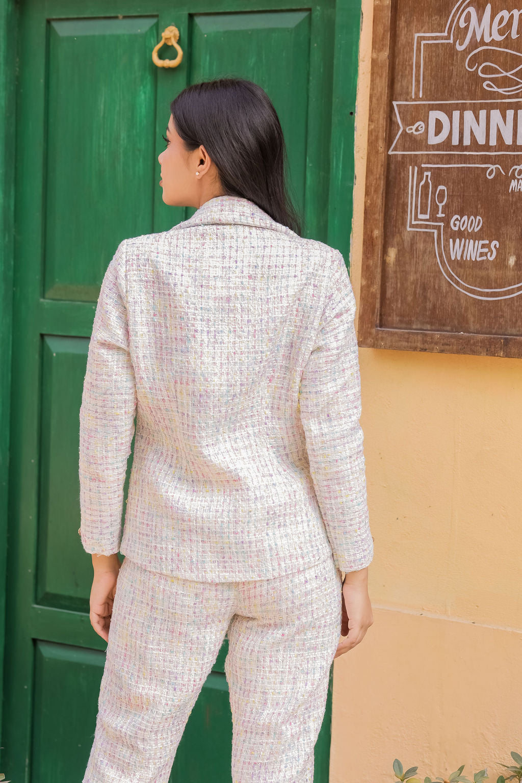 Colourful tweed fabric coat with gold buttons detailing & Pants Co ord set EWCO0042-CLRPT