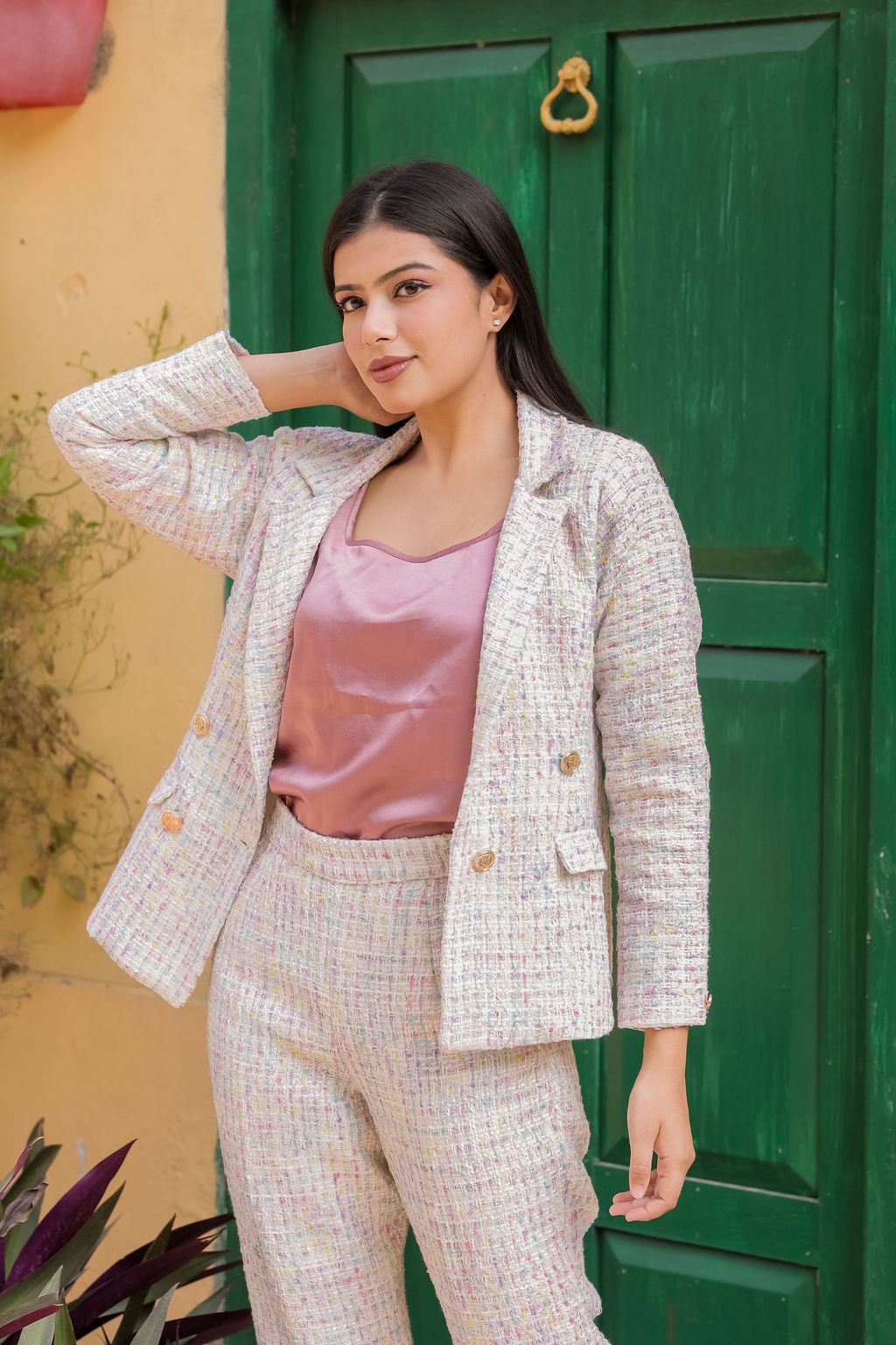 Colourful tweed pants with gold buttons detailing ESWPA0026-CLRGB