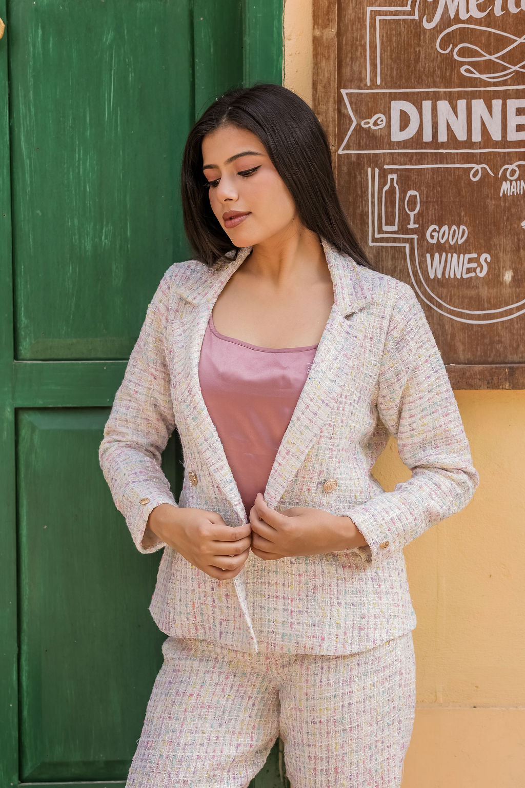 Colourful tweed pants with gold buttons detailing ESWPA0026-CLRGB