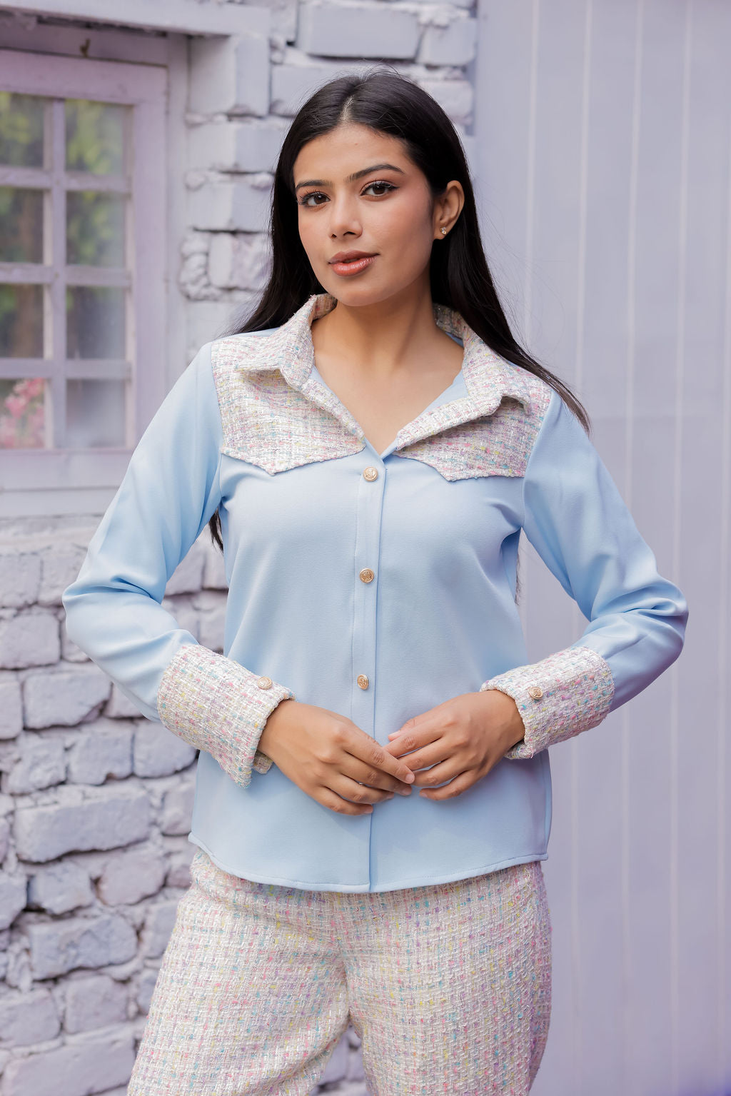 Colourful tweed Blue shirt with pants with gold buttons detailing Co Ord Set ESWSH0024-CLRGB