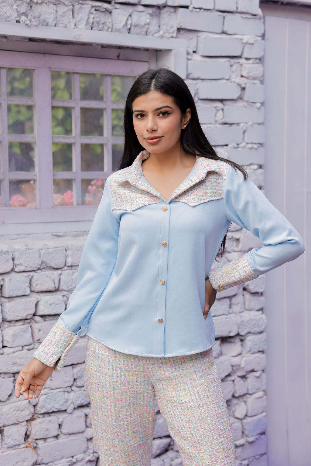 Colourful tweed shirt with blue fabric ESWSH0024-CLRGB
